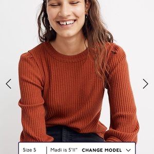 Madewell | Brushed Ribbed Pleat Ballon Sleeve Knit Top Orange Size Medium NWOT